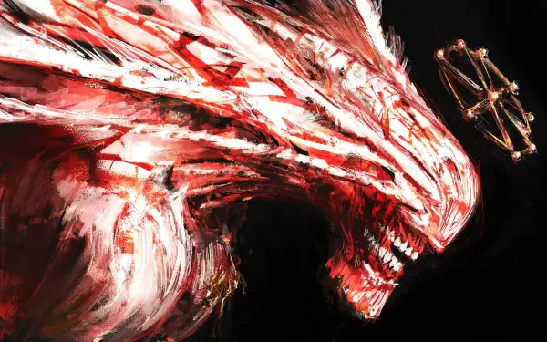 Mahoraga from Jujutsu Kaisen — a blood-red dragonlike monster head with jagged teeth and ritual ornaments; dramatic 4K Ultra HD PC desktop wallpaper.