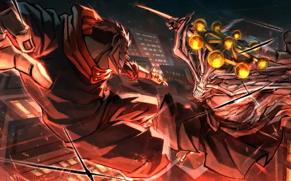 4K Ultra HD anime wallpaper: Mahoraga and Sukuna from Jujutsu Kaisen clash in a fiery rooftop battle, glowing cursed energy and shattered tiles under a night city skyline.