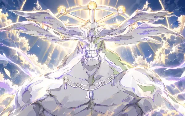 Mahoraga from Jujutsu Kaisen depicted as a radiant angelic giant with a multi-winged halo, luminous energy and thunderous light — 4K Ultra HD PC wallpaper.