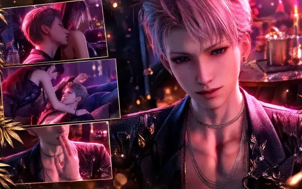 4K Ultra HD PC desktop wallpaper — anime portrait of Xavier, a man framed by neon Love and Deepspace hues, glossy cinematic lighting and small romantic inset scenes.