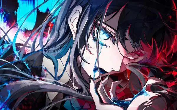 Vivid anime girl portrait in neon blue and red, tear-streaked eye and hand to her mouth — Best Adobum style 4K Ultra HD PC desktop wallpaper.