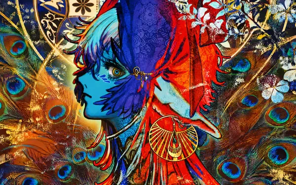 4K Ultra HD PC wallpaper: vivid portrait of an elf woman fused with peacock plumage, ornate earrings and floral blooms, evoking a Nico Nico singer aesthetic.