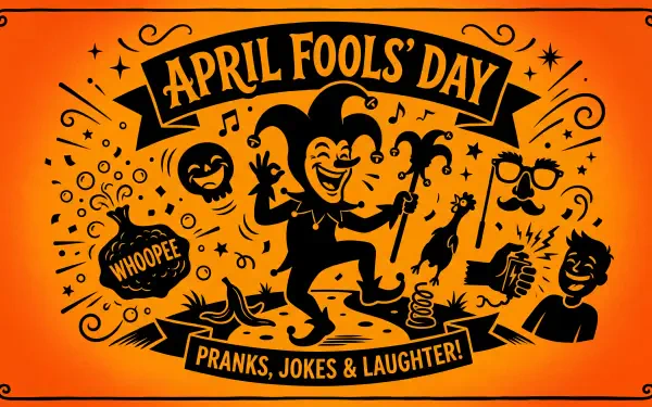 5K Ultra HD PC desktop wallpaper: orange April Fools' Day jester surrounded by prank props (whoopee cushion, joy buzzer), laughing faces and a Pranks, Jokes & Laughter! banner.