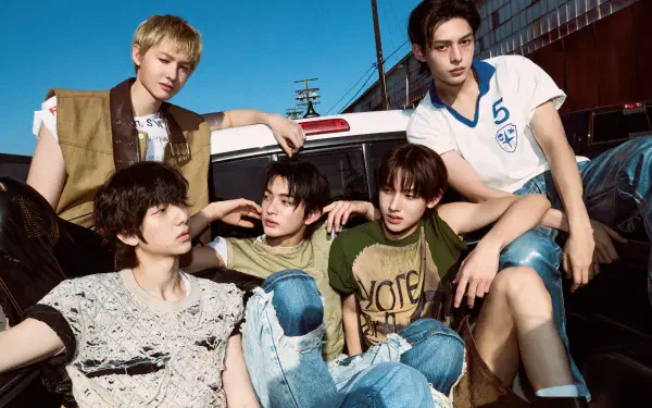 4K Ultra HD PC desktop wallpaper: group portrait of five young men lounging on a car, Color Outside the Lines aesthetic, Cortis tag, casual summer styling.