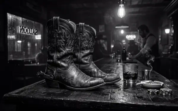 5K Ultra HD PC desktop wallpaper/background: black-and-white saloon scene with worn cowboy boots on a bar table beside a glass and ashtray — cowboy boots, boot, cowboy boot.