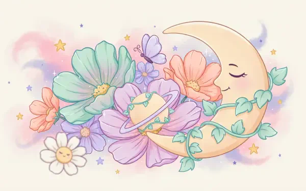 Cute pastel 2K Quad HD PC desktop wallpaper: smiling crescent moon entwined with vines amid pastel flowers, twinkling stars and a small butterfly.