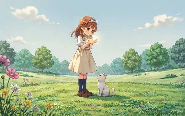 2K Quad HD PC desktop wallpaper and background: a young girl in a dress stands in a sunlit meadow, hands clasped, while a small white dog sits at her feet beneath a blue sky.