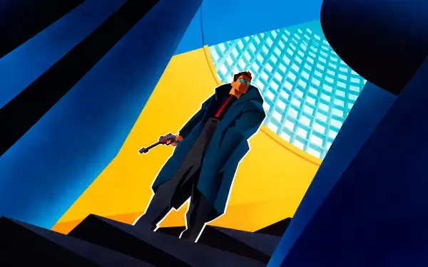 4K Ultra HD PC desktop wallpaper of Ray Gunn — a trench-coated man holding a gun, standing beneath a glowing blue dome with bold yellow backlight.
