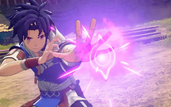 Fire Emblem: Fortune's Weave mage casting a glowing purple spell in a sunlit field — 4K Ultra HD PC desktop wallpaper/background, video game art.