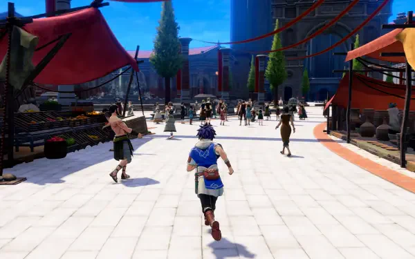 Fire Emblem: Fortune's Weave video game — blue-haired hero sprints down a sunlit market street past stalls and townsfolk, rendered as a 4K Ultra HD PC desktop wallpaper/background.