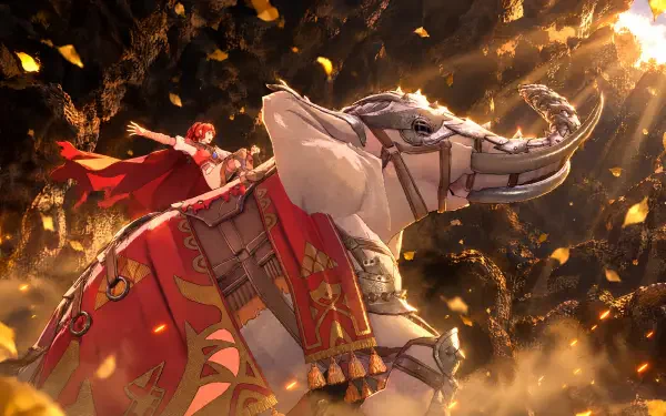 Anna (Fire Emblem) in Fire Emblem: Fortune's Weave atop an ornate armored horse amid golden, drifting leaves — 4K Ultra HD PC desktop wallpaper.
