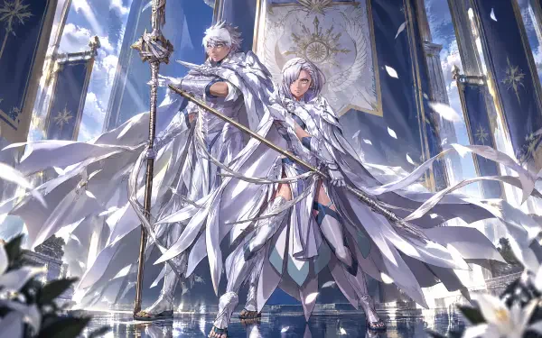4K Ultra HD PC desktop wallpaper/background of Eshmel from Fire Emblem: Fortune's Weave — two anime knights in white armor and flowing cloaks before luminous cathedral windows.