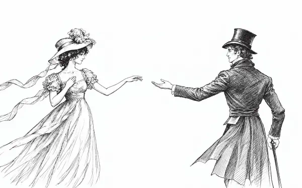 Vintage sketch AI art of Pride and Prejudice by Jane Austen: Elizabeth Bennet and Mr. Darcy reaching hands, HD PC desktop wallpaper background.