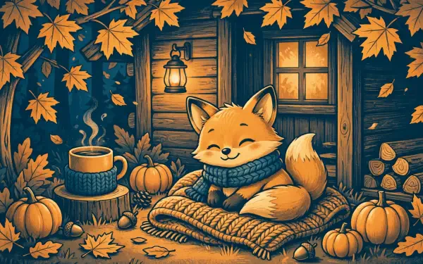 HD PC desktop wallpaper: a cozy fall/autumn scene of a smiling fox in a scarf curled on a blanket outside a wooden cabin, surrounded by pumpkins, fallen leaves and a steaming mug.