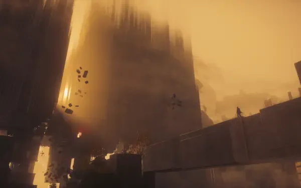 Control Resonant 4K Ultra HD PC desktop wallpaper and background: a monolithic building veiled in drifting smoke and amber haze, silhouetted figures on a concrete ledge.