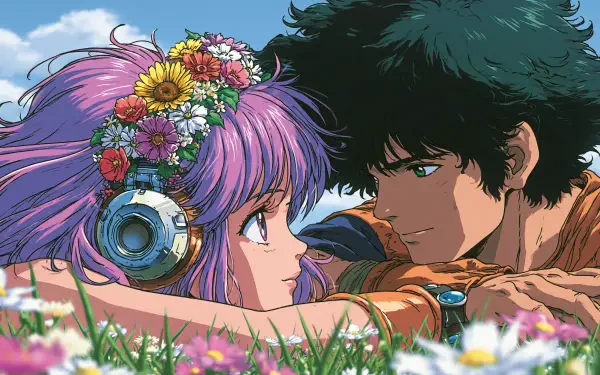 Anime couple in love lying in a flower meadow, purple-haired girl with headphones and floral crown and a dark-haired boy in a tender gaze — 2K Quad HD PC desktop wallpaper/background