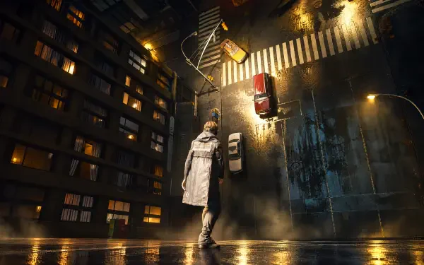 4K Ultra HD PC desktop wallpaper: lone figure in coat with umbrella on a rain-slicked city street at night, moody lights — tags: Control Resonant, Dylan Faden