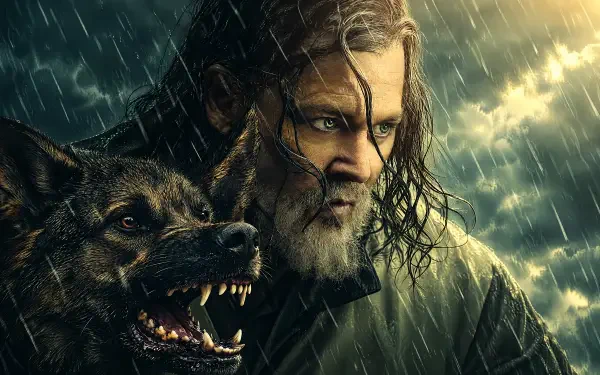 Day Drinker 4K Ultra HD PC desktop wallpaper: rugged bearded man beside a snarling wolf in stormy rain, cinematic moody lighting.