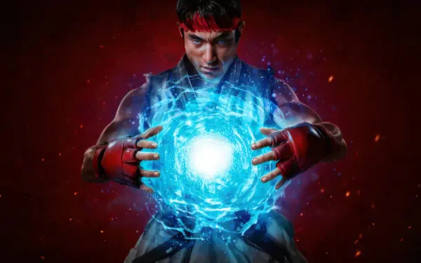 Ryu from Street Fighter (2026) charging a glowing blue Hadouken, 4K Ultra HD PC desktop wallpaper with dramatic red backdrop.