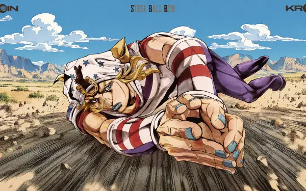 4K Ultra HD PC desktop wallpaper/background of anime Steel Ball Run: Johnny Joestar reimagined as a woman sprinting across a dusty desert in dramatic, colorful motion.