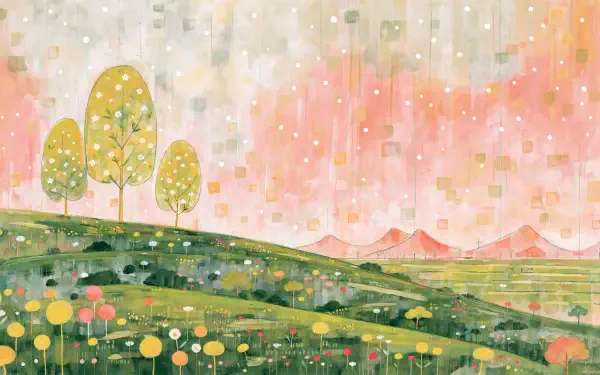 Minimalist spring landscape: stylized trees on rolling green hills and a dotted wildflower field beneath a pastel sky — 2K Quad HD PC desktop wallpaper/background.