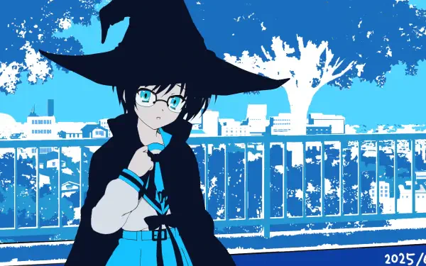 HD PC desktop wallpaper of Yuki Nagato (Suzumiya Haruhi no Shoushitsu) wearing a witch hat and cloak, set against a blue, Persona 3 Reload–inspired cityscape.