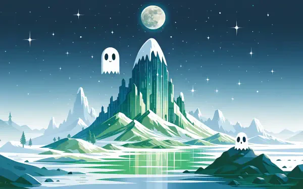 Spooky-cute 2K Quad HD PC desktop wallpaper: moonlit crystalline mountain rising from a glassy lake, twinkling stars and two floating cartoon ghosts.