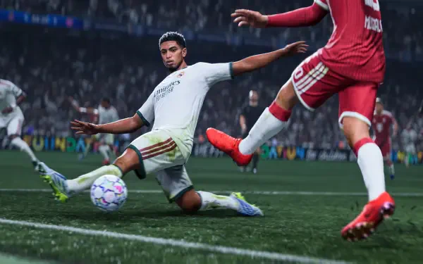 EA SPORTS FC 27 HD PC desktop wallpaper: soccer player executing a sliding tackle on a rain-slick pitch, stadium crowd blurred in the background.