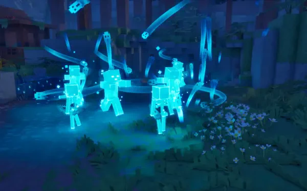 HD PC desktop wallpaper from Minecraft Dungeons II showing glowing blue ghost spirits—three spectral warriors drifting through a moonlit forest clearing.