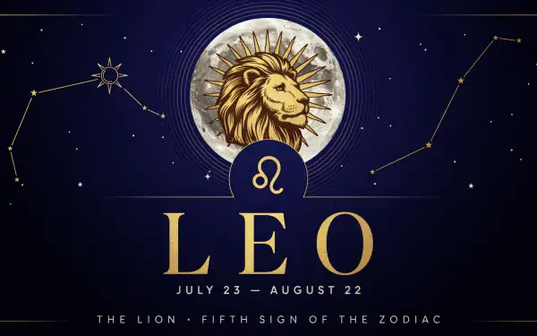 2K Quad HD PC wallpaper: golden lion medallion and Leo zodiac glyph against a starry navy background with constellation lines, LEO and dates July 23–August 22.