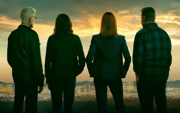 CSI: Crime Scene Investigation 4K Ultra HD PC desktop wallpaper showing four investigators standing shoulder-to-shoulder, backs to camera, overlooking a city at sunset.