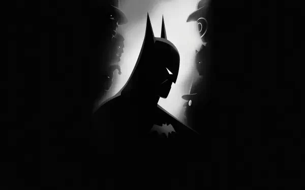 Moody black-and-white silhouette of Batman from Batman: Caped Crusader, backlit halo highlighting his cowl and bat emblem — 4K Ultra HD PC desktop wallpaper.