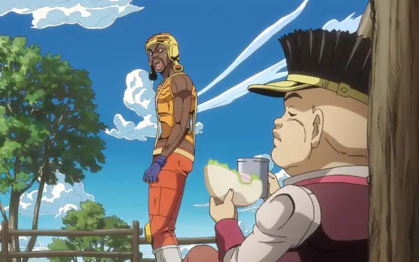 HD PC wallpaper of Steel Ball Run anime: Gyro Zeppeli walks by a fence while a boy leans against a post eating a sandwich beneath a bright blue sky.