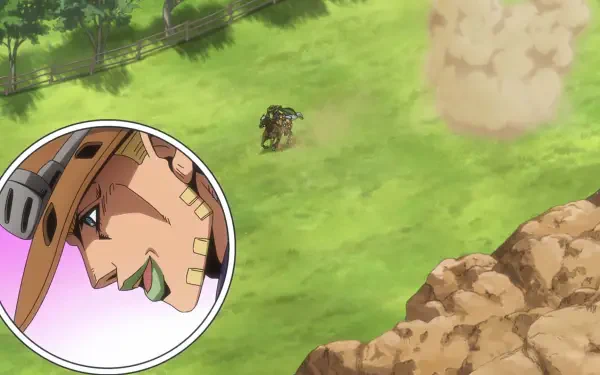 HD PC wallpaper from Steel Ball Run anime showing Gyro Zeppeli's inset profile and a tiny figure crossing a sunlit grassy plain kicking up dust.
