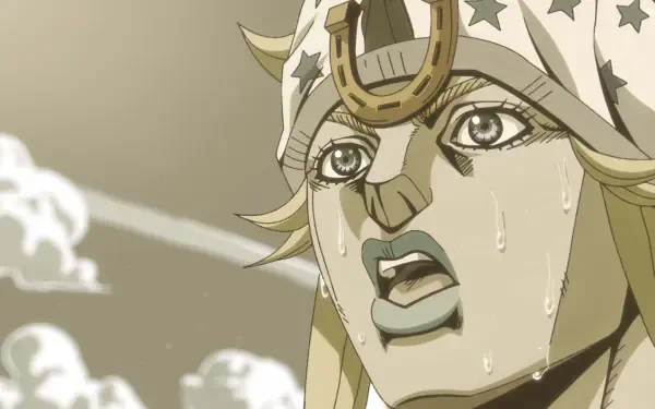 HD PC desktop wallpaper of Gyro Zeppeli (Steel Ball Run): sepia close-up of his wide-eyed, sweat-streaked face and bandana against a cloudy sky.