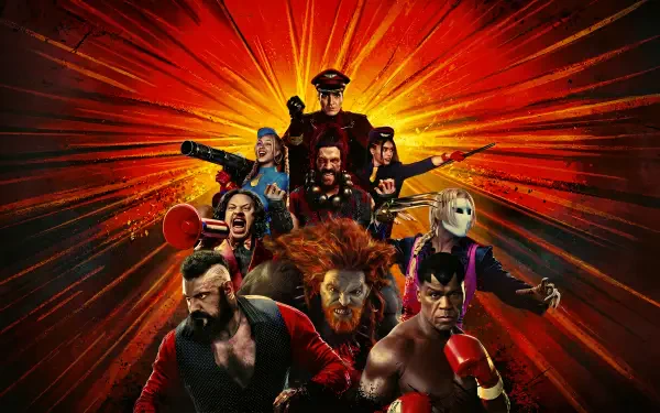 Street Fighter (2026) 2K Quad HD PC desktop wallpaper and background: group of Street Fighter characters in dynamic poses against a fiery red radial burst.