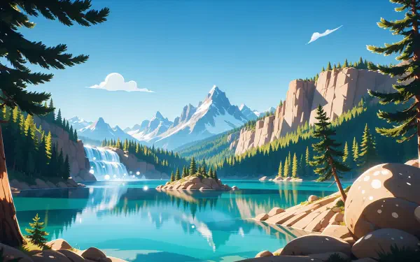 4K Ultra HD PC desktop wallpaper: peaceful nature scene with a mountain range reflected in a turquoise lake, cascading waterfall, and dense pine forest under a clear blue sky.