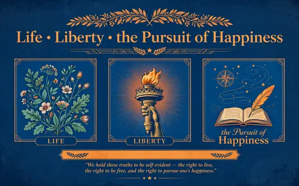 HD PC wallpaper poster: Life • Liberty • the Pursuit of Happiness in three panels — Life (flowers), Liberty! (Statue of Liberty torch), Pursuit of Happiness (open book & compass).