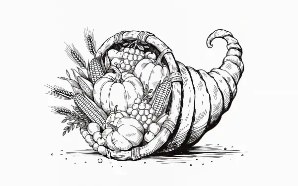 Black-and-white sketch of a cornucopia overflowing with pumpkins, ears of corn and grapes, symbolizing the harvest — 4K Ultra HD PC Desktop Wallpaper and Background.