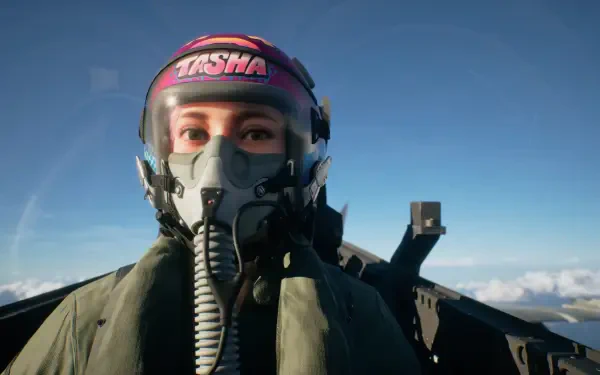 Ace Combat 8 HD PC wallpaper: fighter pilot in helmet and oxygen mask inside cockpit, horizon and clouds visible.