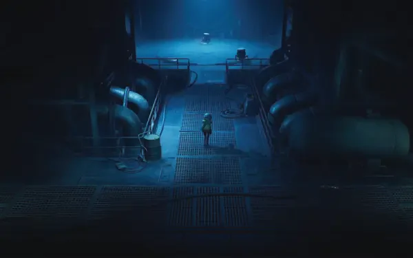 HD PC desktop wallpaper End of Abyss: lone figure in an industrial tunnel corridor, blue-tinted lighting, massive pipes and grated walkway fading into deep shadow.