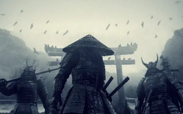 HD PC desktop wallpaper background, movie Sucker Punch: three armored samurai stand before a torii gate in mist as crows circle, moody monochrome battlefield scene.
