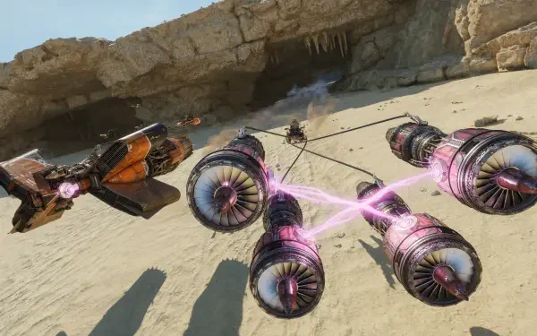 Star Wars: Galactic Racer 4K Ultra HD PC wallpaper showing a hovercraft-style spaceship skimming desert sand with glowing tethered engines and a rocky cave backdrop.