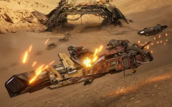 Star Wars: Galactic Racer hover vehicle racing through a desert battle, sparks and blaster fire streaking past other craft — 4K Ultra HD PC desktop wallpaper and background.