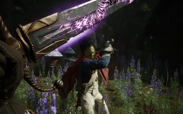 HD PC desktop wallpaper/background: Valor Mortis warrior raises a glowing purple sword in a moonlit field of lupines, confronting a coiling tentacled foe.