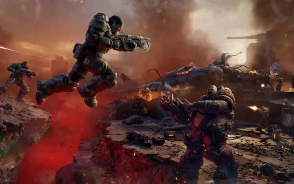 2K Quad HD PC wallpaper of Gears of War: E-Day — Marcus Fenix and soldiers storm a fiery battlefield amid explosions and wreckage.
