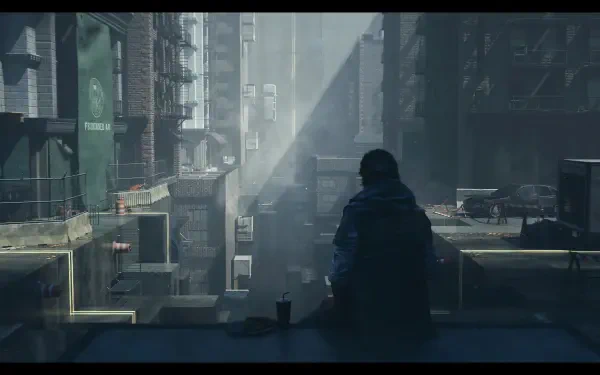 Control Resonant: lone silhouette overlooking a misty, neon-lit cityscape from a rooftop — 2K Quad HD PC desktop wallpaper/background.