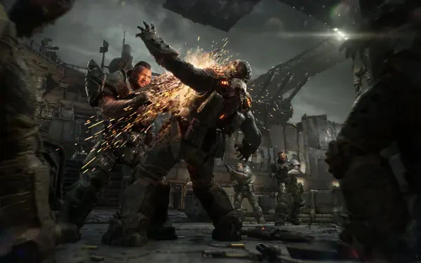 Gears of War: E-Day — armored warriors clash in an explosive urban battle as one soldier chainsaws an enemy; 2K Quad HD PC desktop wallpaper/background.