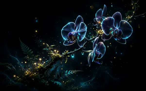 Glowing OLED-style orchid flowers and ferns on a dark, star-speckled backdrop in neon blues and gold — 4K Ultra HD PC desktop wallpaper and background.