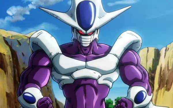 HD PC wallpaper of Cooler from Dragon Ball Z: final-form purple-and-white armored figure stands in rocky desert under blue sky — Dragon Ball anime background.